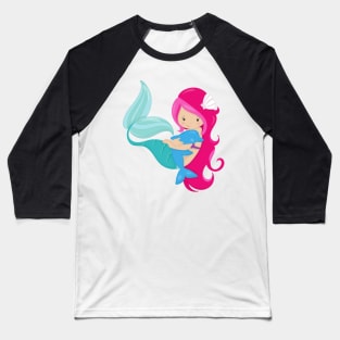 Cute Mermaid, Little Mermaid, Pink Hair, Dolphin Baseball T-Shirt